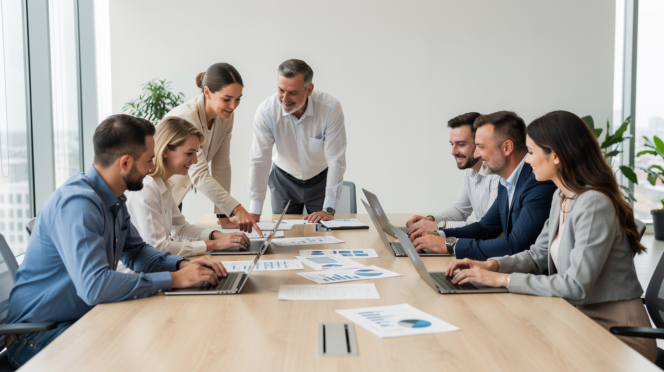 People collaborating around a table with documents and laptops